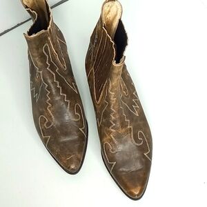 - Seychelles Leather Pull On Bootie w/Western Detailed Stitching - Olive B…